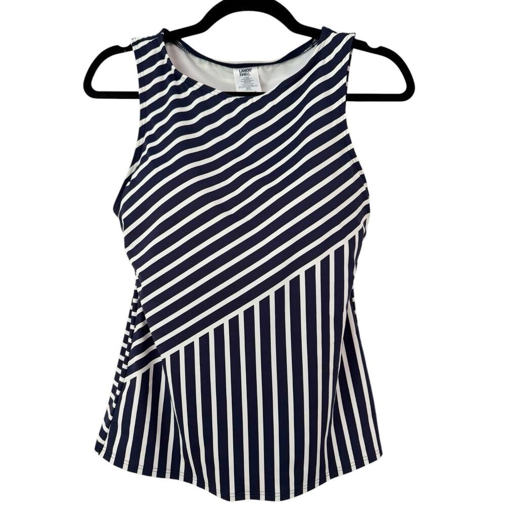 Lands End Navy Blue Striped Swim Suit Tankini Top Women’s Size 6 DDD